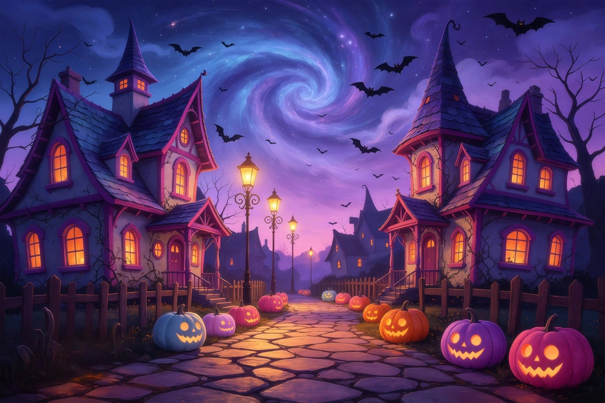 Gruselige Stadtkulisse Kürbisdorfweg In Der Dämmerung Große Halloween-Kulissen GQ67-83