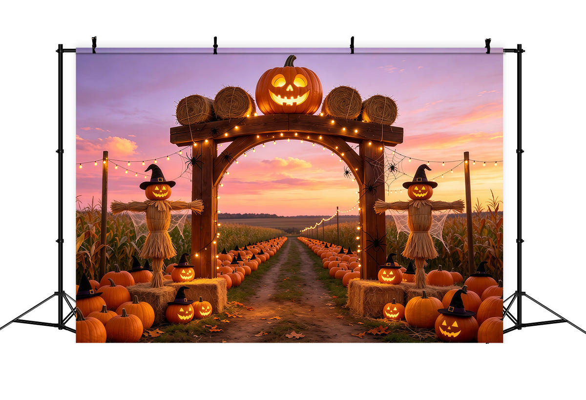 Kürbisbeet-Hintergrundideen Sonnenuntergang Vogelscheuchen Bauernhof Fotografie Halloween-Hintergrund GQ67-87