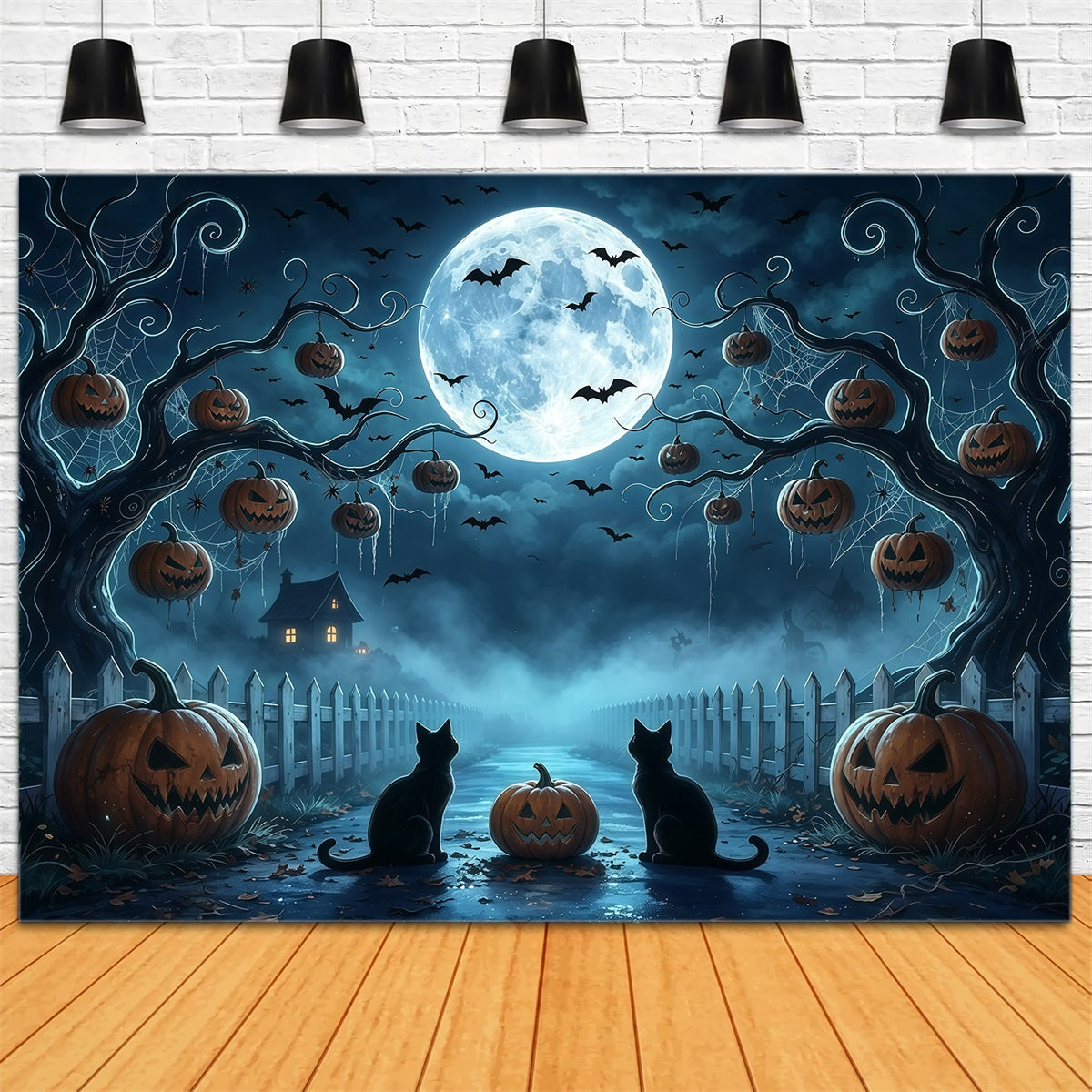 Gruselige Baumkulisse Mondbeschienene Katze Kürbisweg 10X10 Halloween-Kulisse GQ67-91