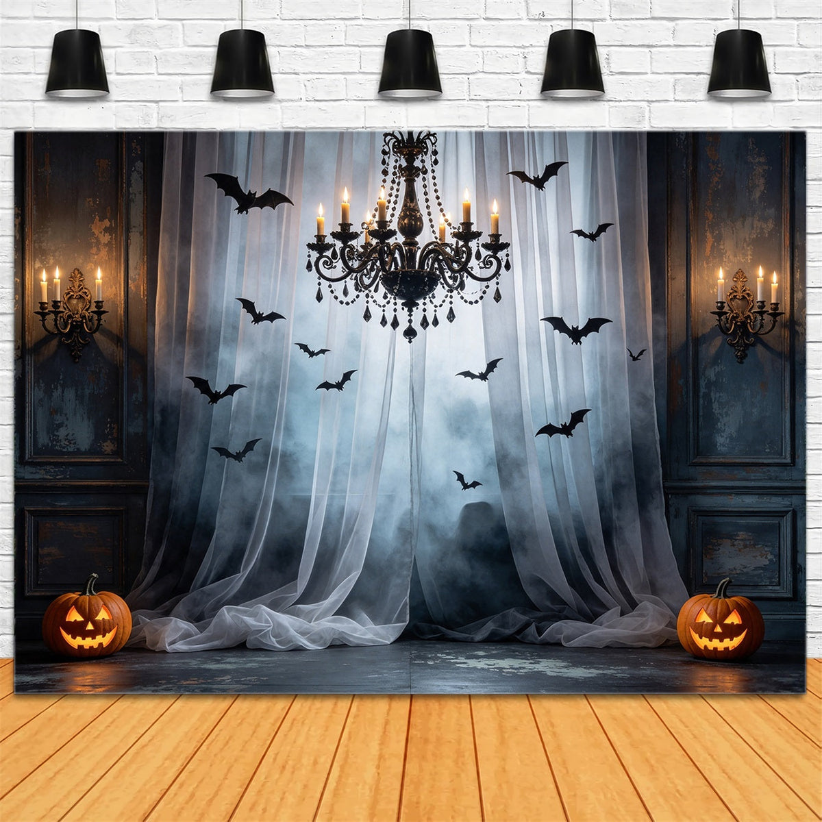 Fledermaus-Hintergrund Nebliger Vorhang Kronleuchter Halle Halloween-Grusel-Hintergrund GQ67-92