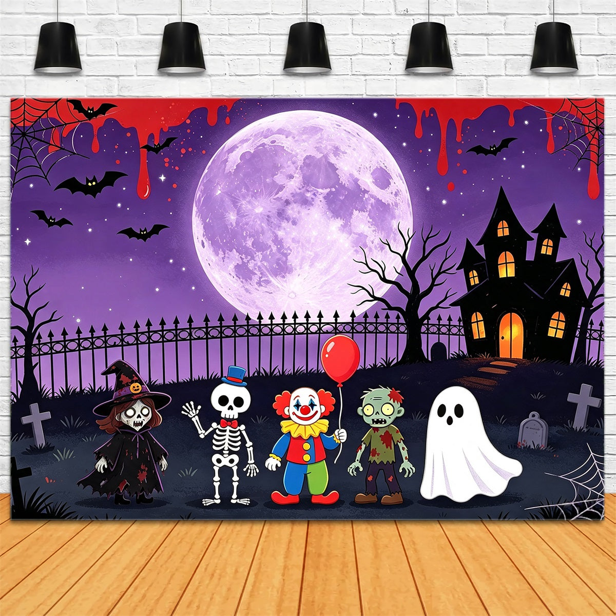 Geisterbühnenhintergrund Cartoon-Monster Mondlichtversammlung Lila Halloween-Hintergrund GQ67-93