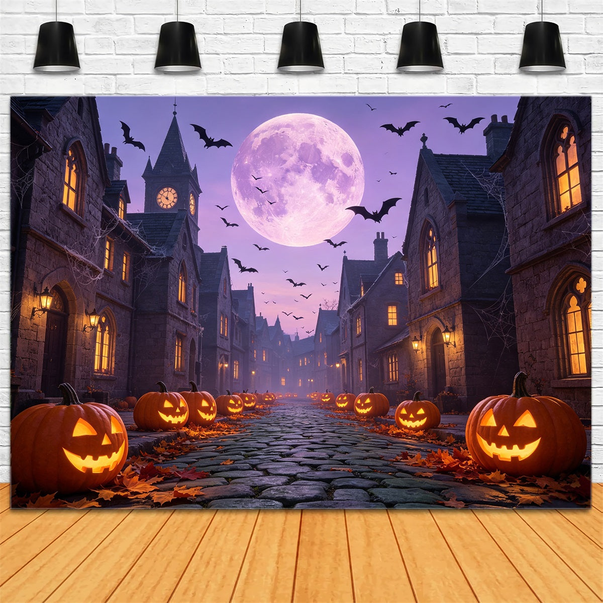 Fledermäuse-Hintergrund Lila Mondbeschienene Kürbisstraße Als Halloween-Hintergrund GQ67-97