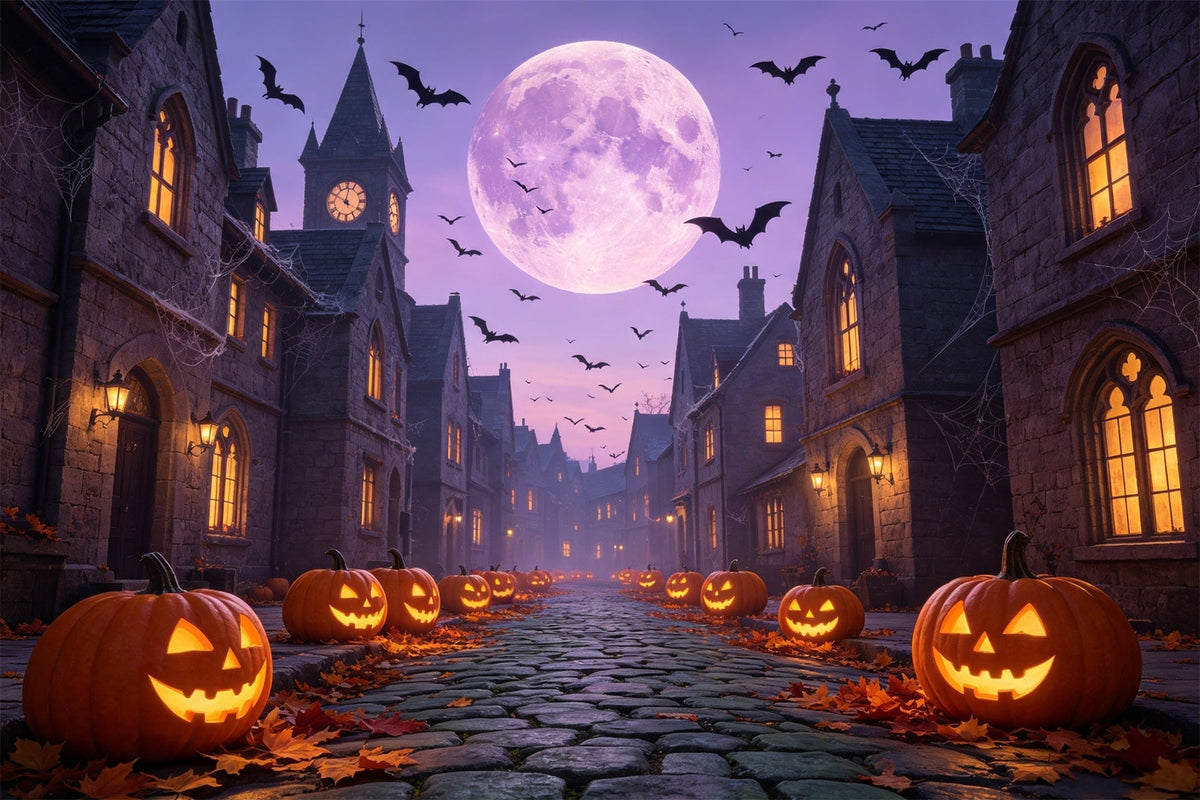 Fledermäuse-Hintergrund Lila Mondbeschienene Kürbisstraße Als Halloween-Hintergrund GQ67-97
