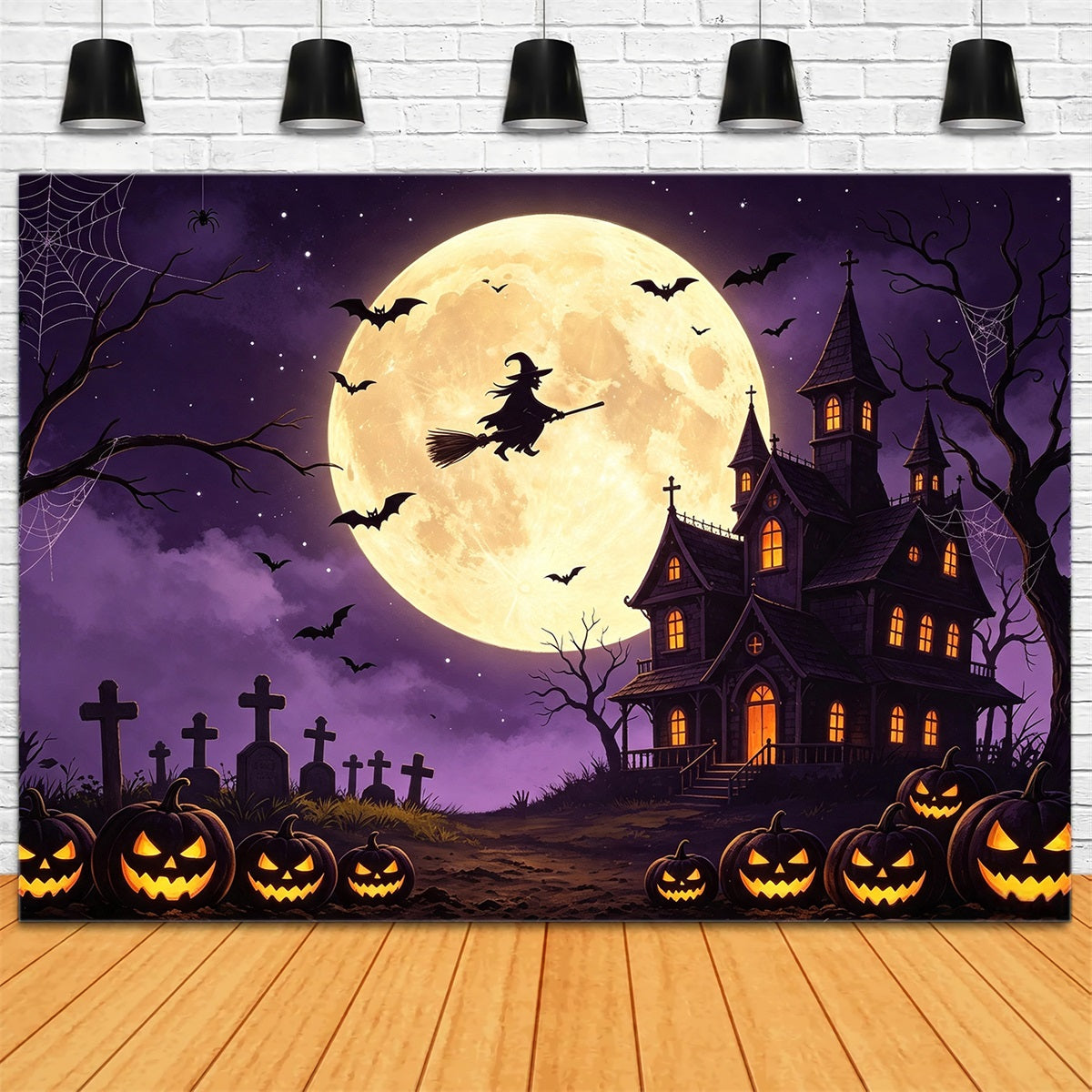 Gruseliger Himmel-Hintergrund Fliegende Hexe Kürbis-Herrenhaus Fröhlicher Halloween-Hintergrund GQ67-98