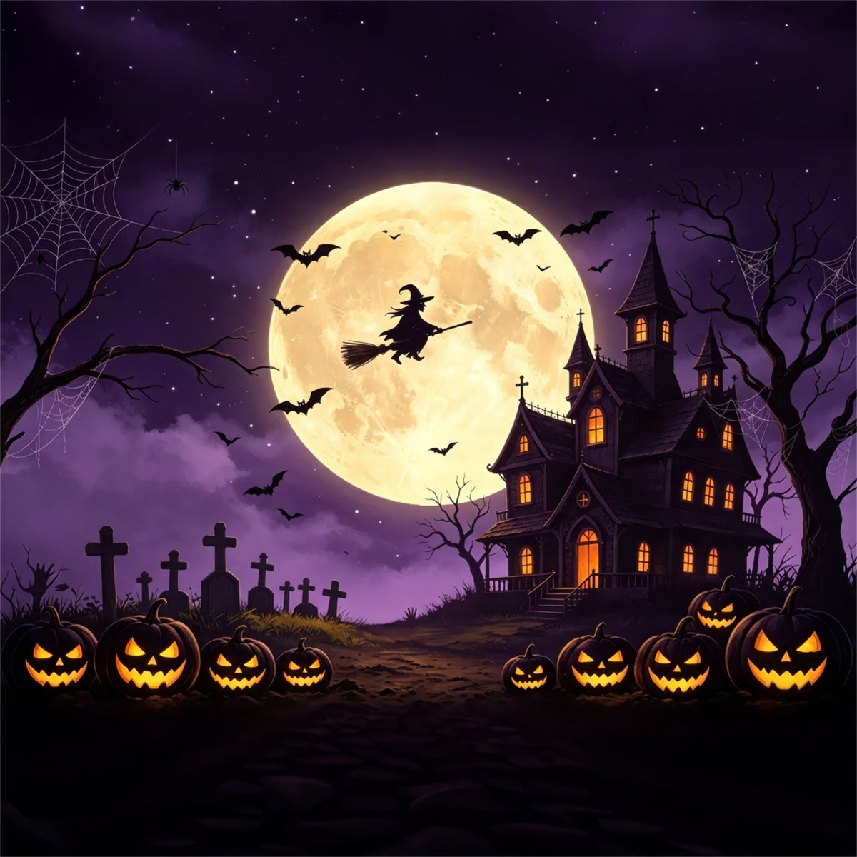 Gruseliger Himmel-Hintergrund Fliegende Hexe Kürbis-Herrenhaus Fröhlicher Halloween-Hintergrund GQ67-98