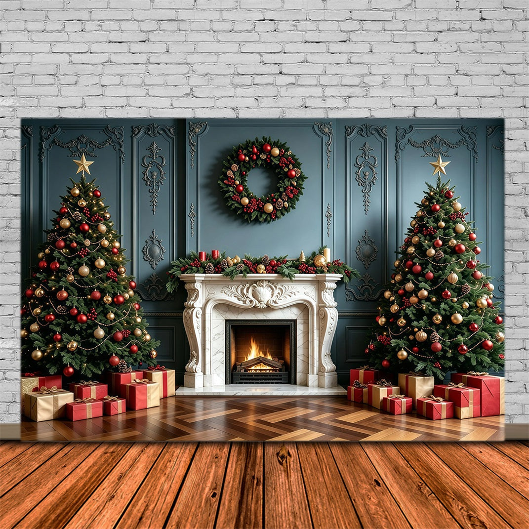 Weihnachtskamin-Hintergrund Elegante Blaue Wandgirlande Weihnachtsfotohintergrund GQ68-100