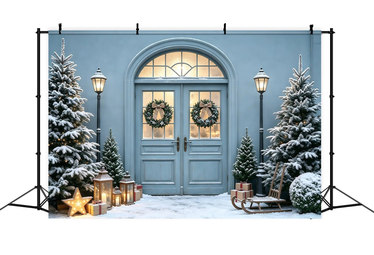Blauer Weihnachtshintergrund Schneebedeckter Kieferneingang Weihnachts-Fotohintergründe GQ68-101
