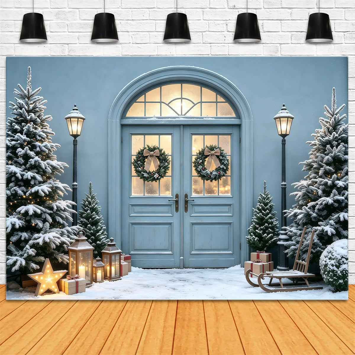 Blauer Weihnachtshintergrund Schneebedeckter Kieferneingang Weihnachts-Fotohintergründe GQ68-101