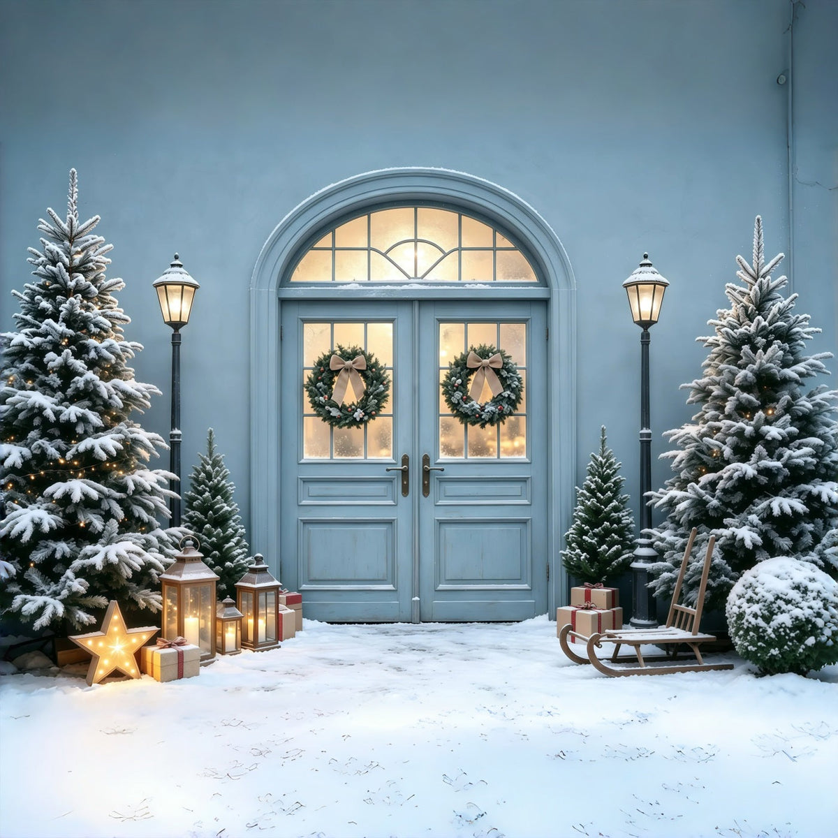 Blauer Weihnachtshintergrund Schneebedeckter Kieferneingang Weihnachts-Fotohintergründe GQ68-101
