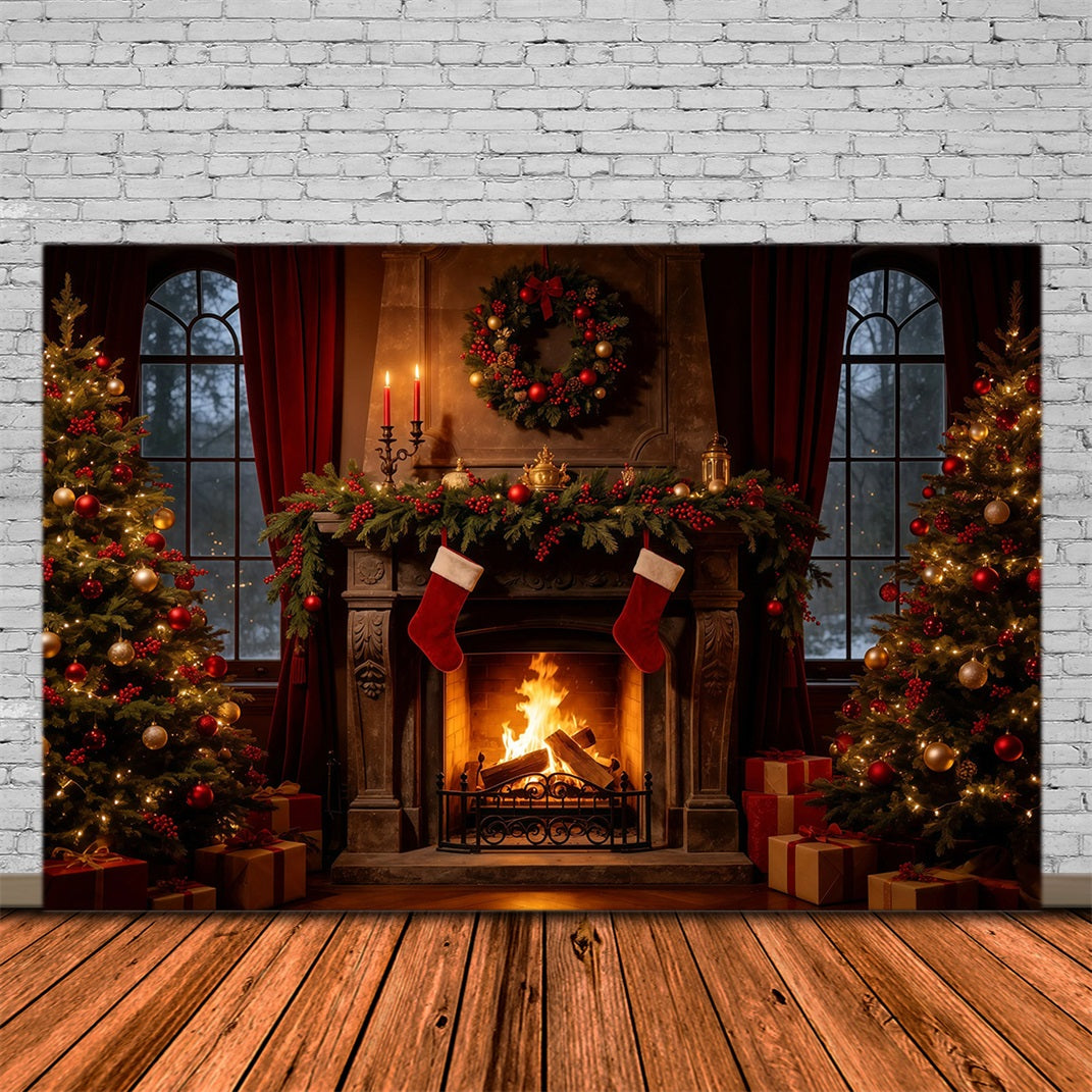 Gemütliche Weihnachtskulisse Vintage Kaminstrümpfe Weihnachtliche Indoor-Hintergrundkulisse GQ68-107