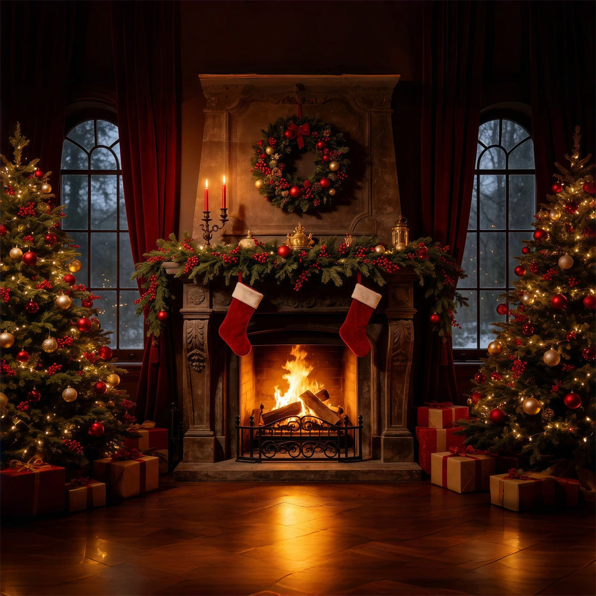 Gemütliche Weihnachtskulisse Vintage Kaminstrümpfe Weihnachtliche Indoor-Hintergrundkulisse GQ68-107