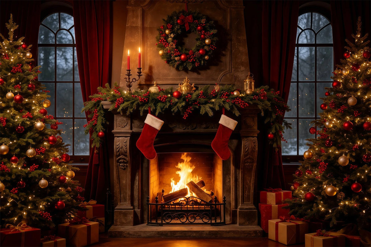 Gemütliche Weihnachtskulisse Vintage Kaminstrümpfe Weihnachtliche Indoor-Hintergrundkulisse GQ68-107