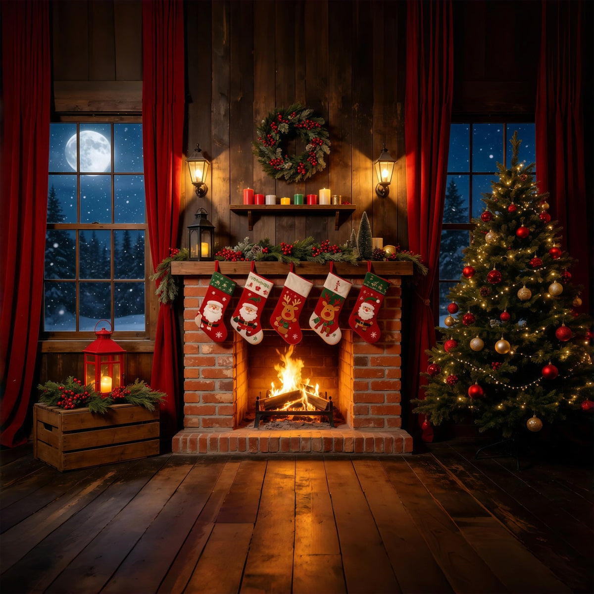Weihnachtsnacht-Hintergrund Rustikale Kaminstrümpfe Weihnachtshintergründe Für Den Innenbereich GQ68-108