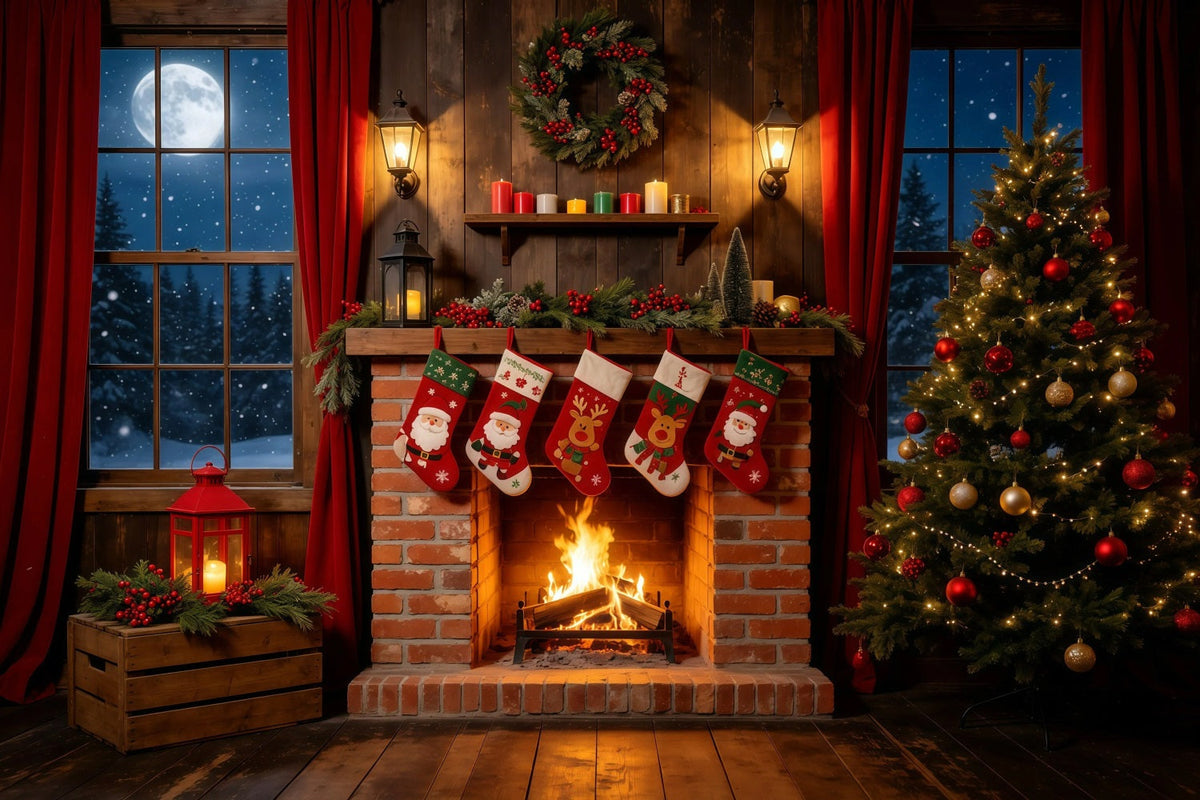 Weihnachtsnacht-Hintergrund Rustikale Kaminstrümpfe Weihnachtshintergründe Für Den Innenbereich GQ68-108