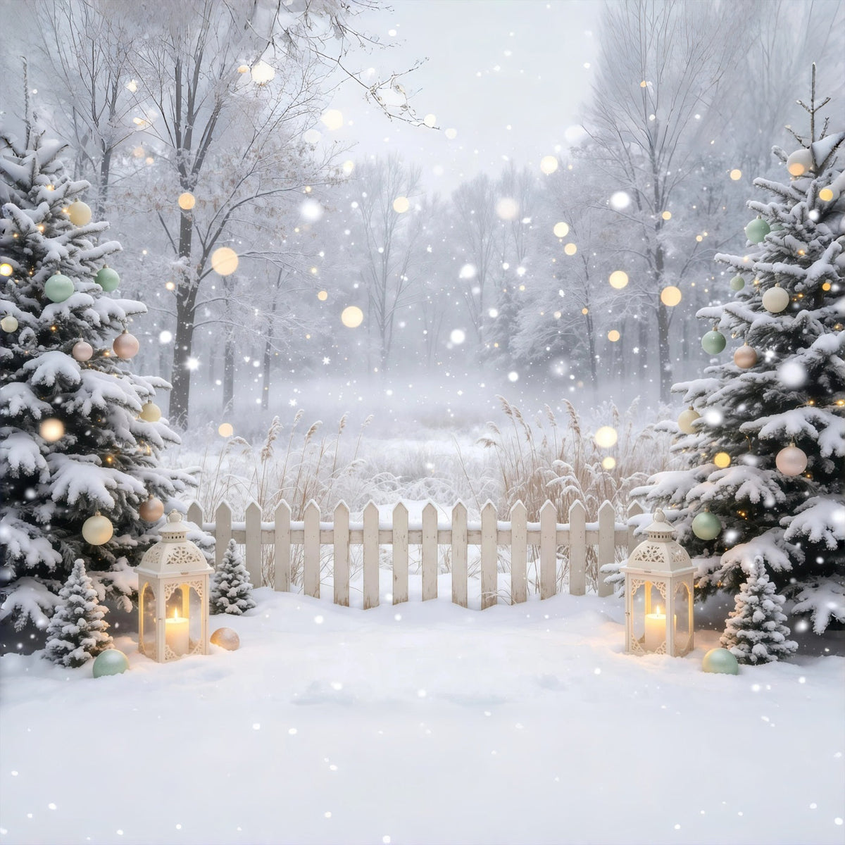 Winterliche Weihnachtskulisse Laternen Im Verschneiten Wald Professionelle Weihnachtskulisse GQ68-109
