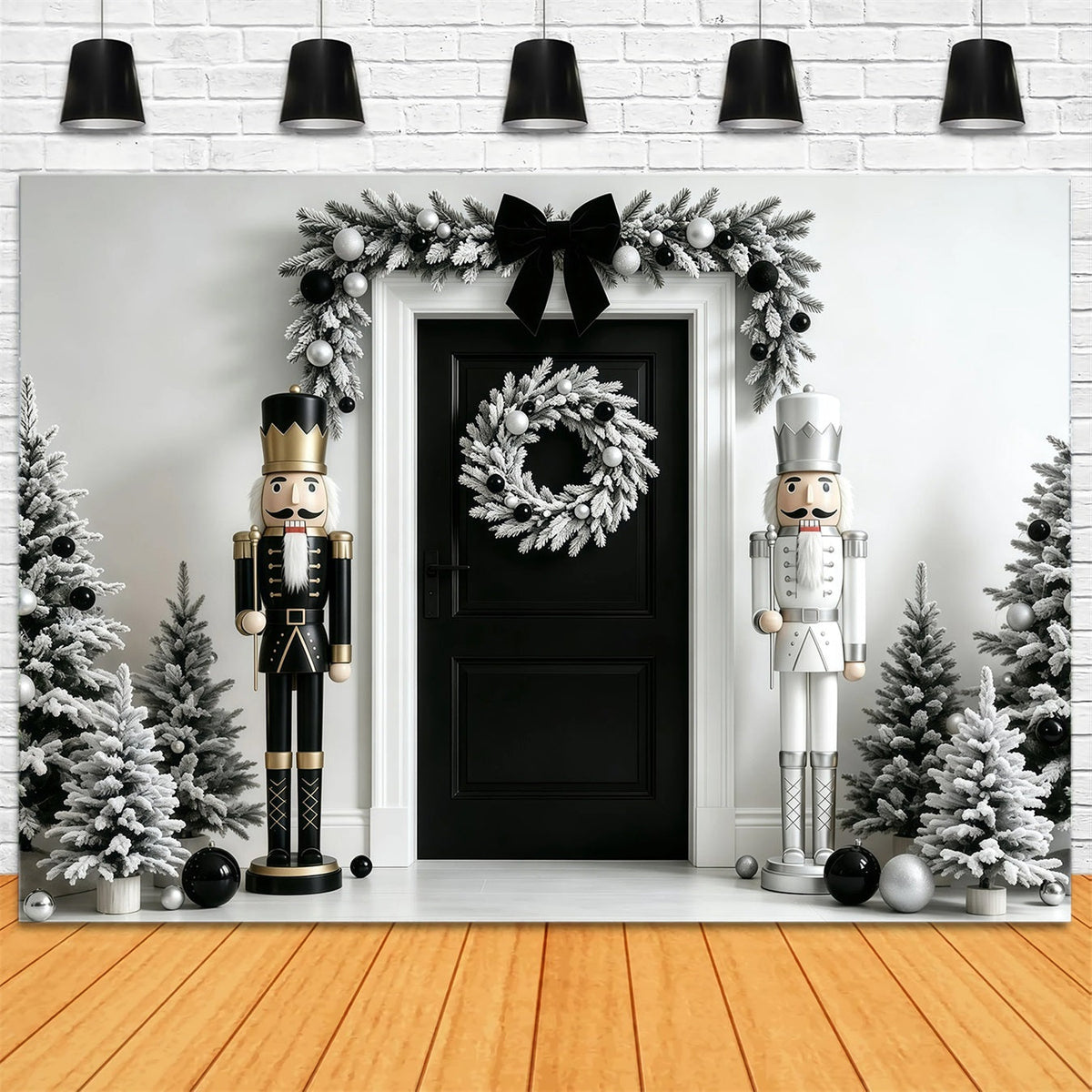 Weihnachts-Nussknacker-Hintergrund Tür Mit Schwarzer Und Weißer Girlande Weihnachtswand-Hintergrund GQ68-110