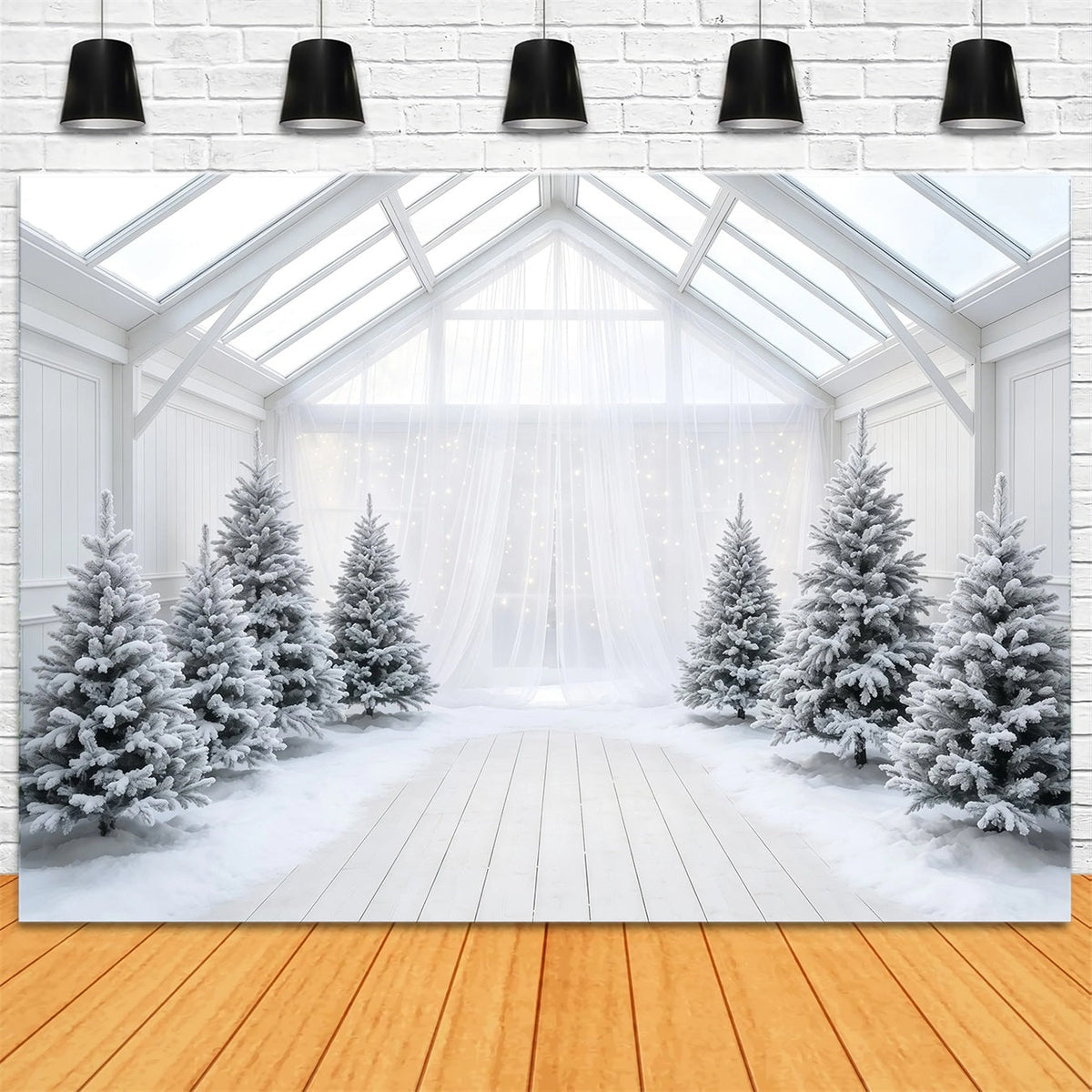Weihnachtsbaum-Hintergrund Atrium Aus Bereifter Weißer Kiefer Weihnachtshintergrund Aus Musselin GQ68-111