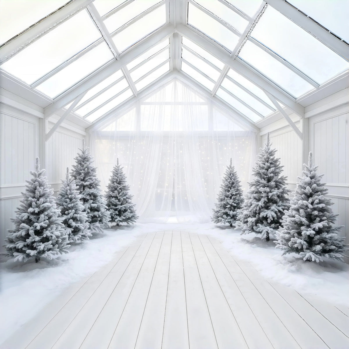 Weihnachtsbaum-Hintergrund Atrium Aus Bereifter Weißer Kiefer Weihnachtshintergrund Aus Musselin GQ68-111