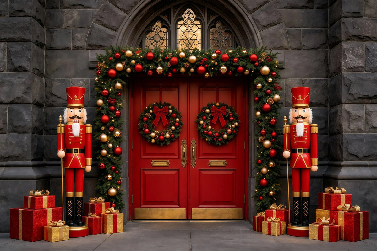 Weihnachts-Nussknacker-Hintergrund Eingang Mit Roter Steintür Weihnachts-Fotohintergründe GQ68-113