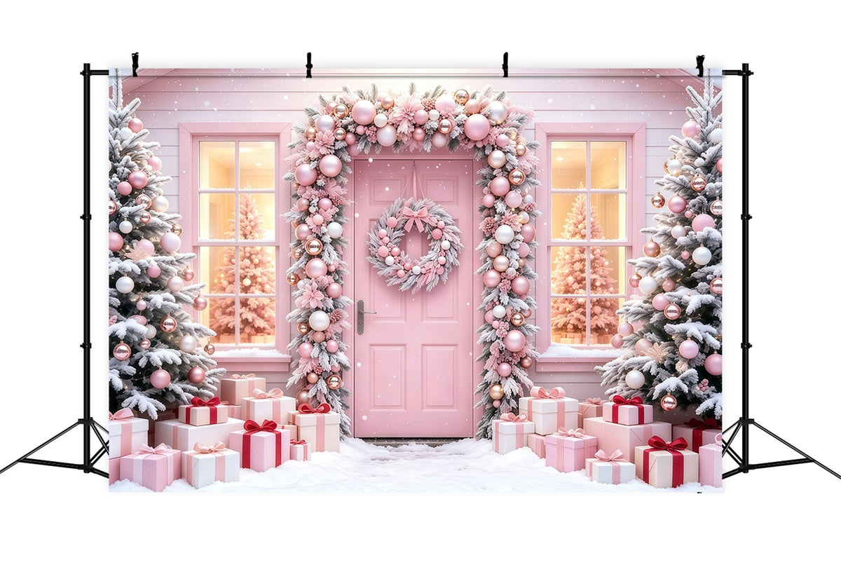 Rosa Weihnachtshintergrund Geschenktür Mit Verschneitem Baum Weihnachtliche Musselin-Hintergründe GQ68-114