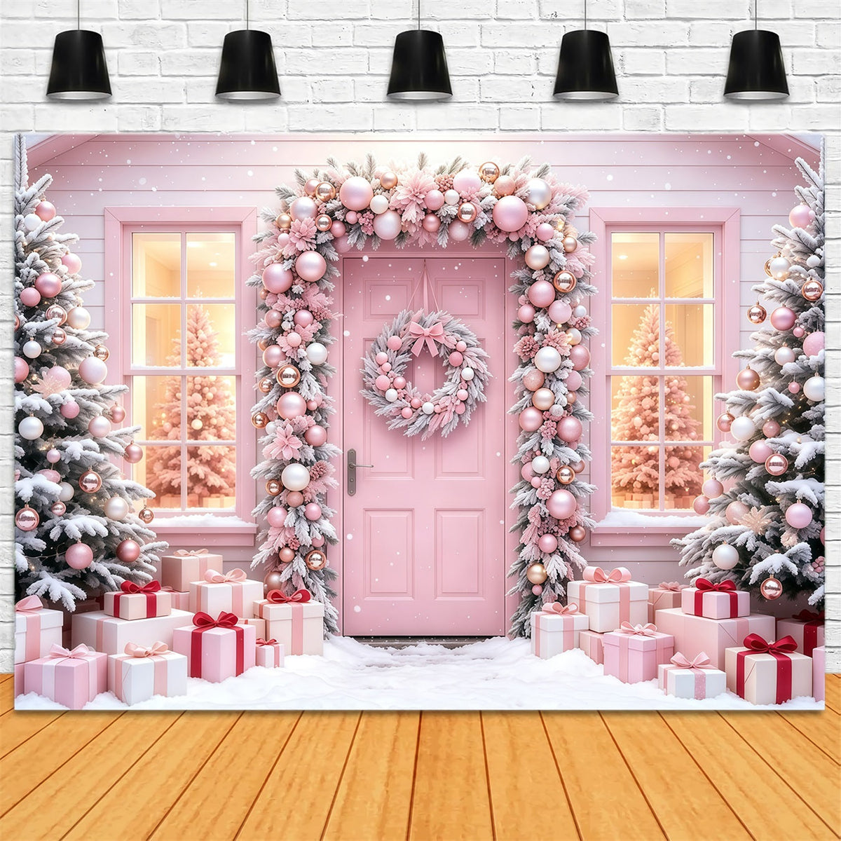 Rosa Weihnachtshintergrund Geschenktür Mit Verschneitem Baum Weihnachtliche Musselin-Hintergründe GQ68-114