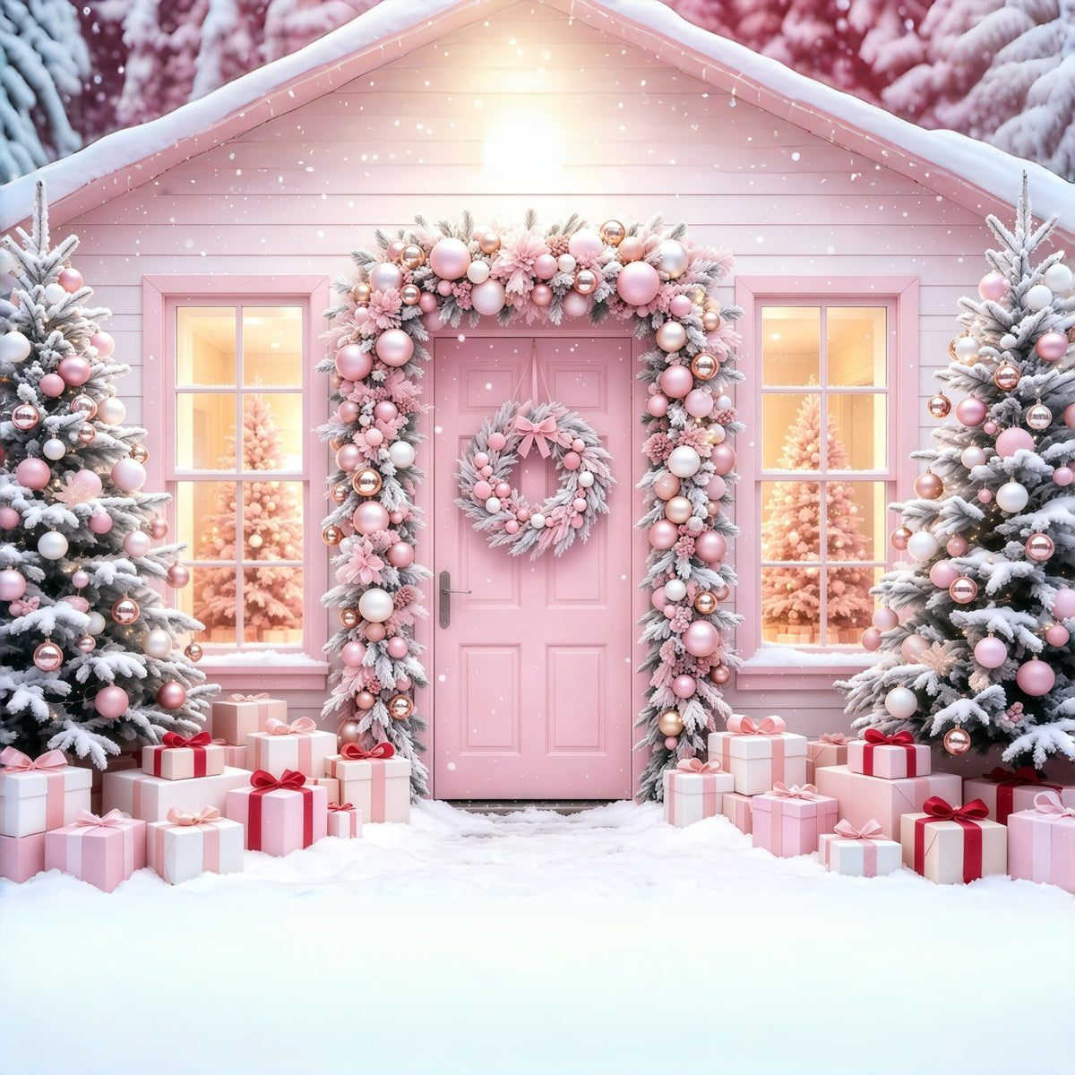 Rosa Weihnachtshintergrund Geschenktür Mit Verschneitem Baum Weihnachtliche Musselin-Hintergründe GQ68-114
