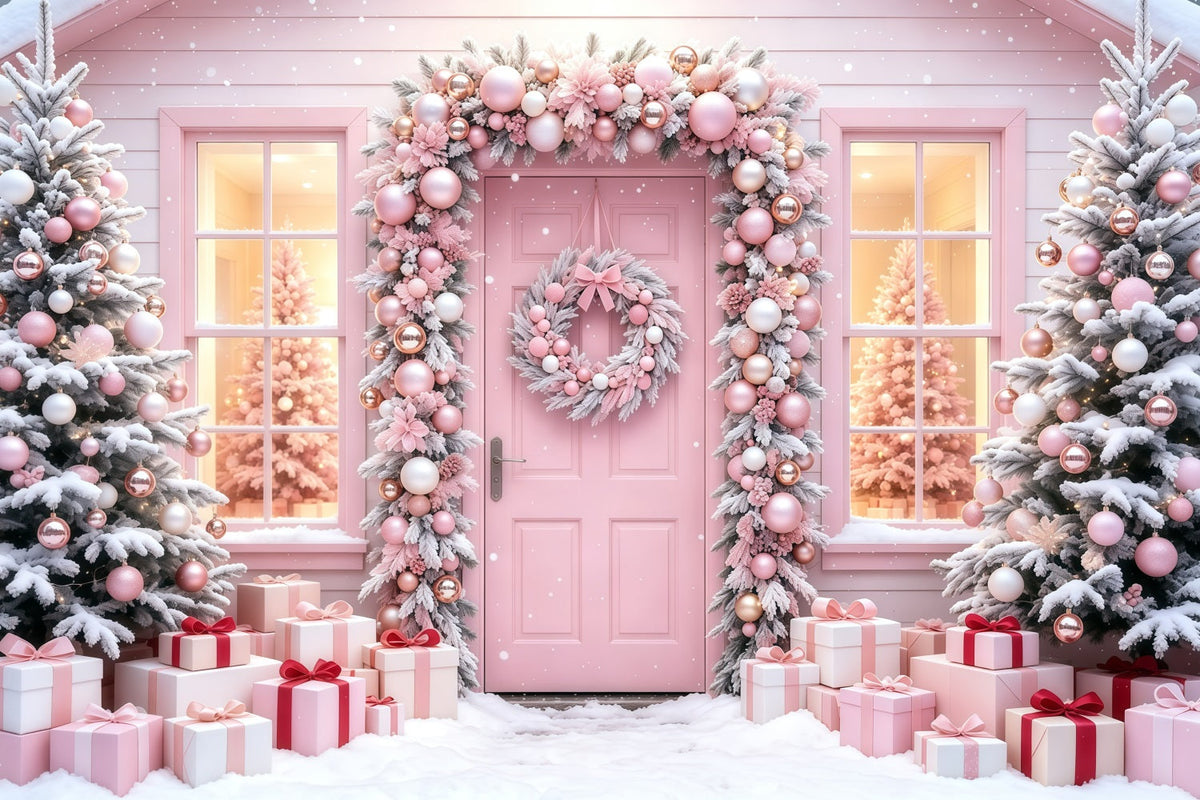 Rosa Weihnachtshintergrund Geschenktür Mit Verschneitem Baum Weihnachtliche Musselin-Hintergründe GQ68-114