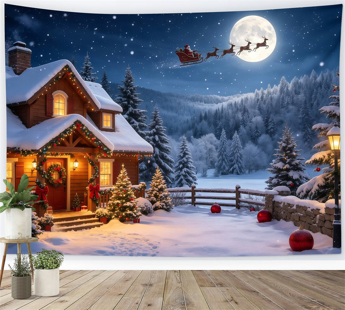 Weihnachtsmann-Hintergrund Mondbeschienene Hütte Auf Einem Schneebedeckten Berg Weihnachtskulisse GQ68-115