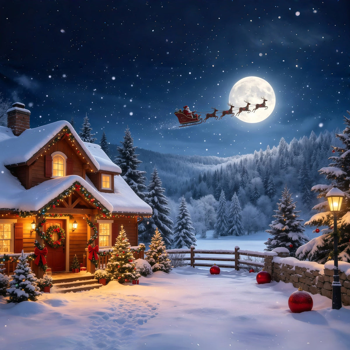 Weihnachtsmann-Hintergrund Mondbeschienene Hütte Auf Einem Schneebedeckten Berg Weihnachtskulisse GQ68-115