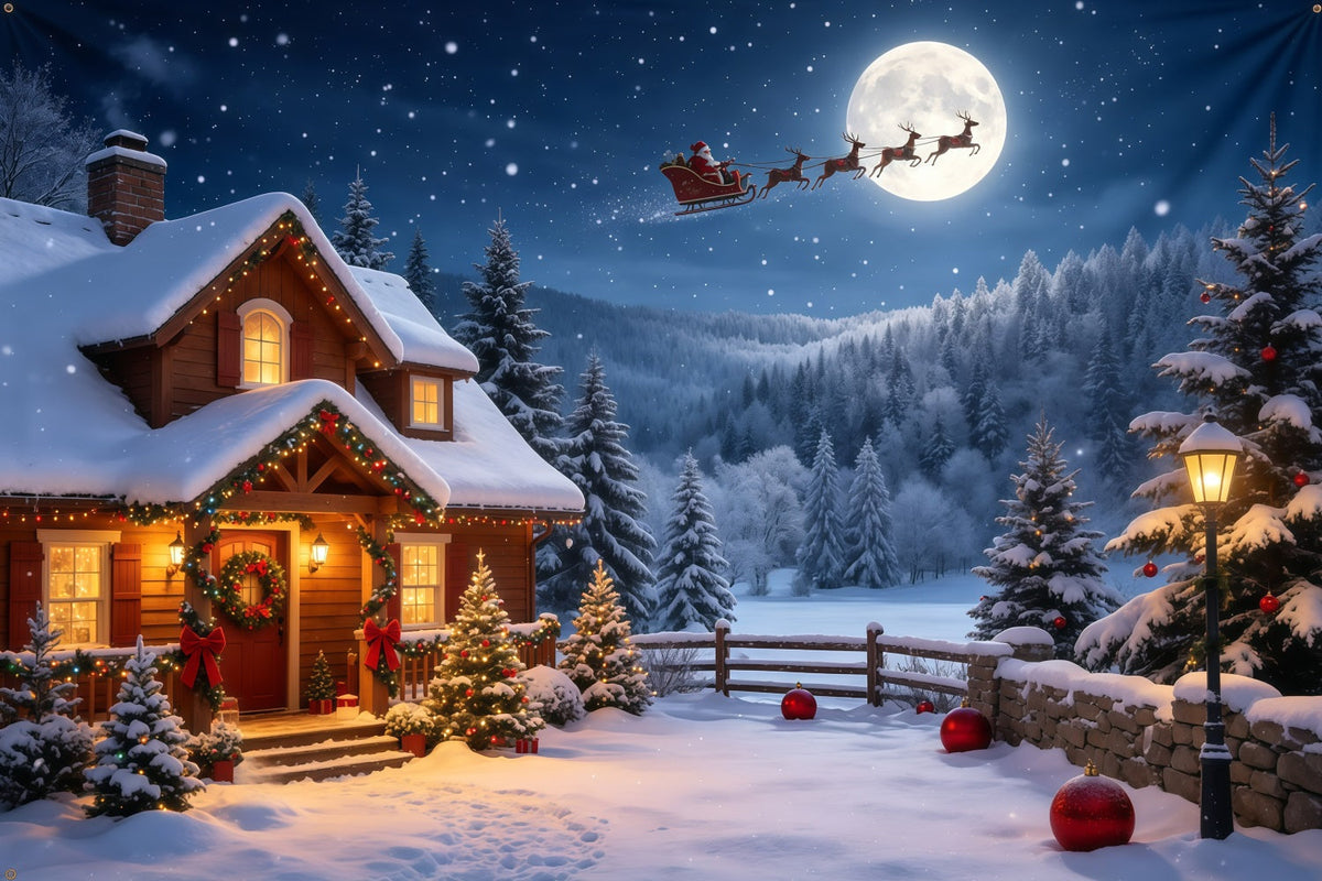 Weihnachtsmann-Hintergrund Mondbeschienene Hütte Auf Einem Schneebedeckten Berg Weihnachtskulisse GQ68-115