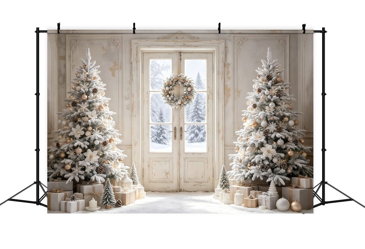Einfacher Weihnachtshintergrund Weiß Bereifte Türbäume Weihnachtskulissen GQ68-116