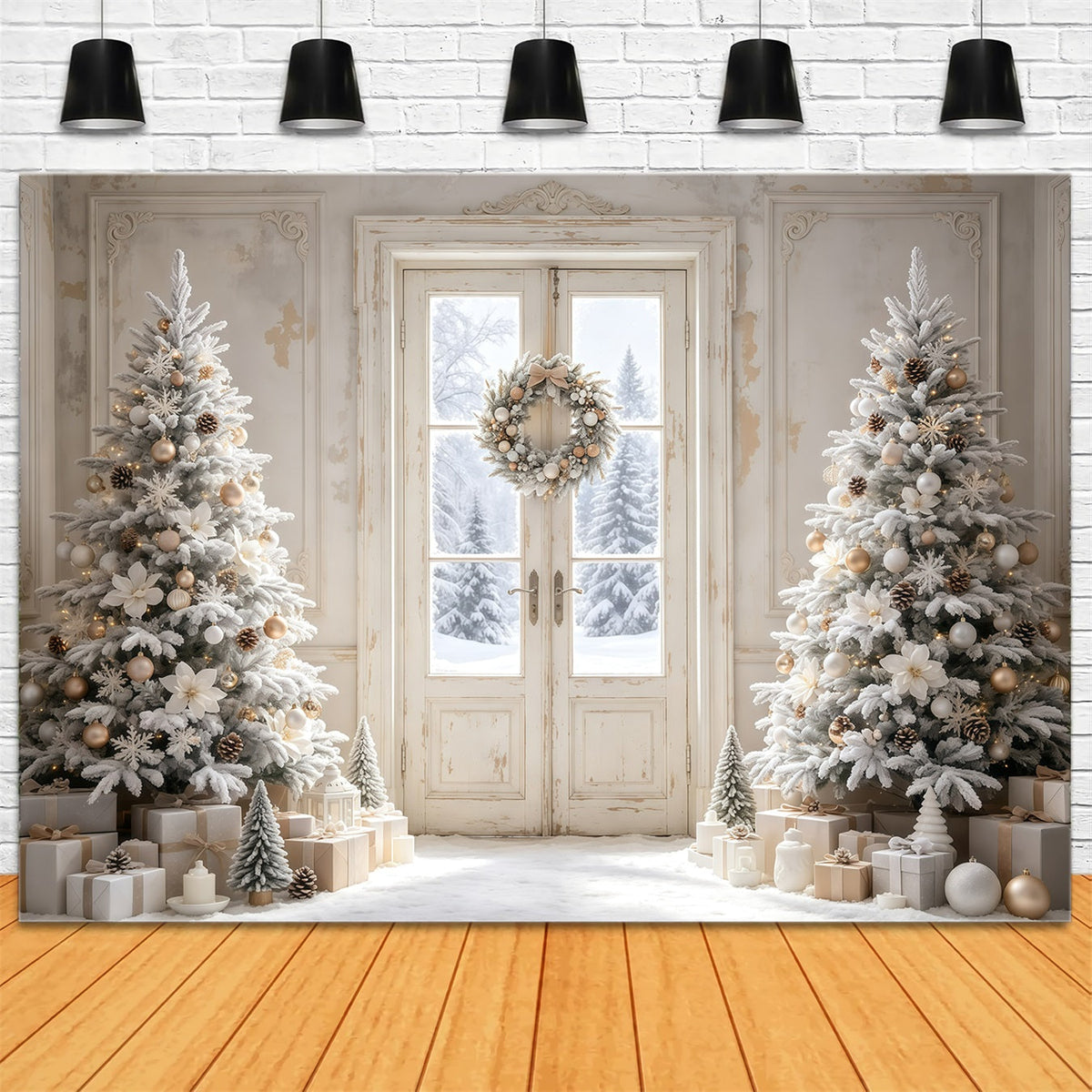 Einfacher Weihnachtshintergrund Weiß Bereifte Türbäume Weihnachtskulissen GQ68-116