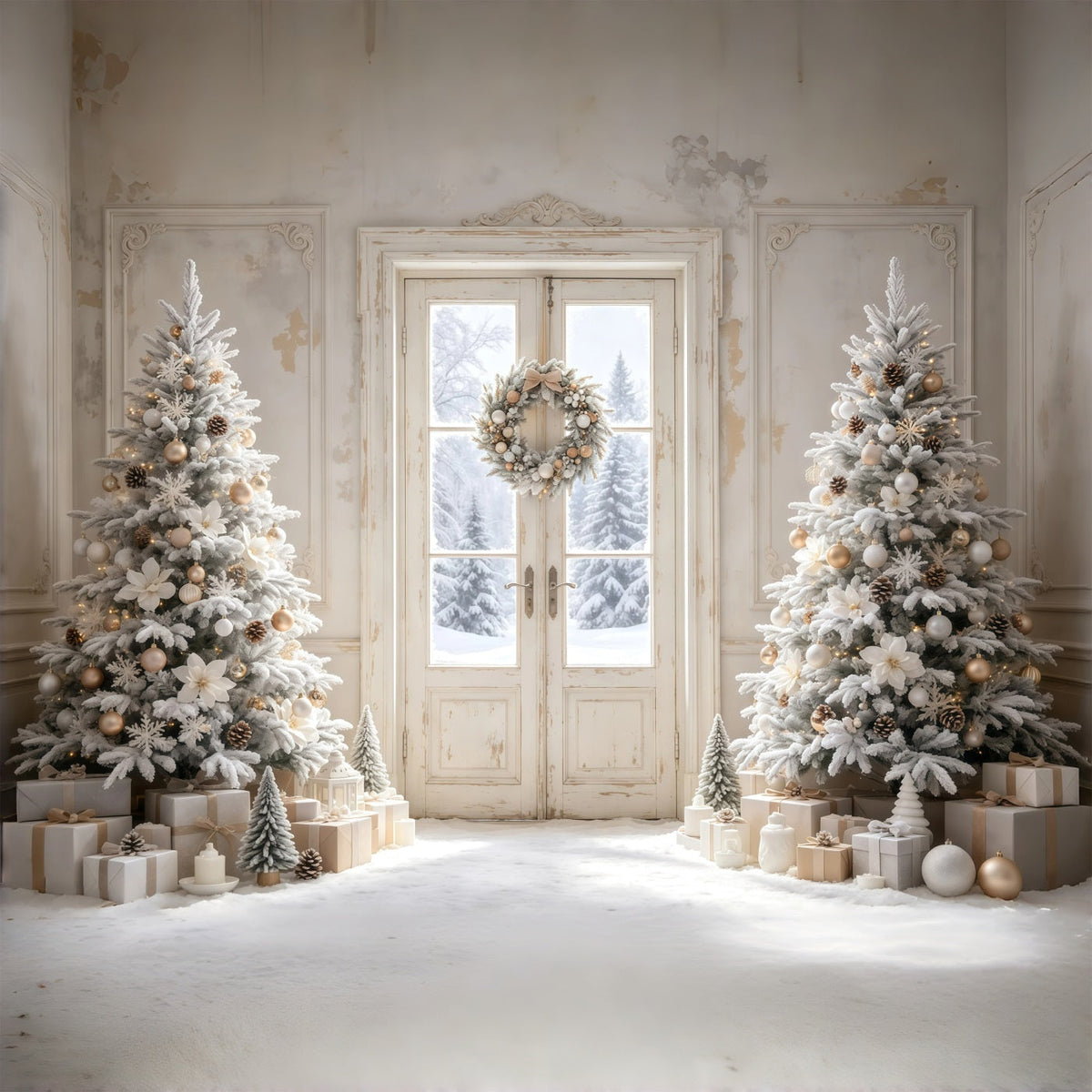 Einfacher Weihnachtshintergrund Weiß Bereifte Türbäume Weihnachtskulissen GQ68-116