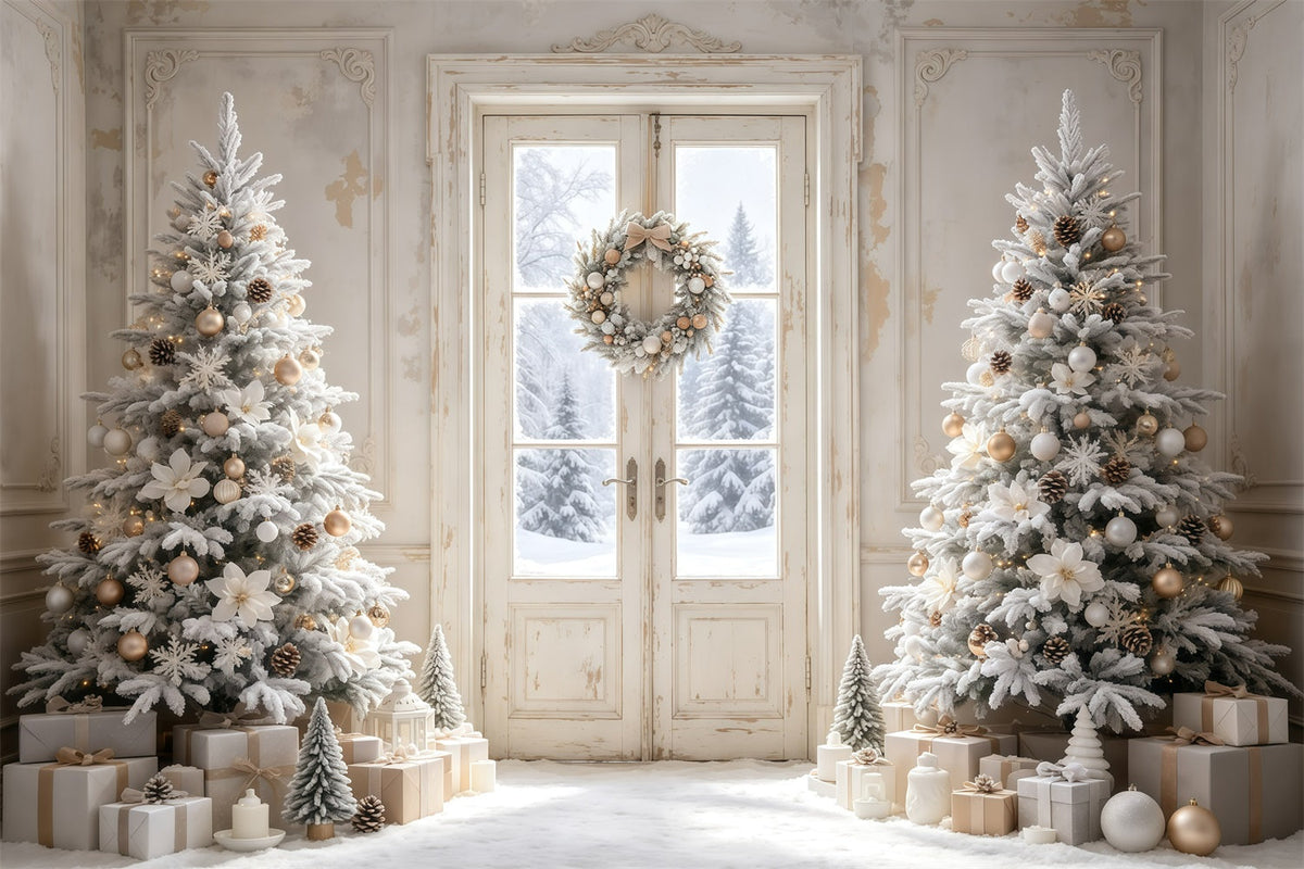 Einfacher Weihnachtshintergrund Weiß Bereifte Türbäume Weihnachtskulissen GQ68-116