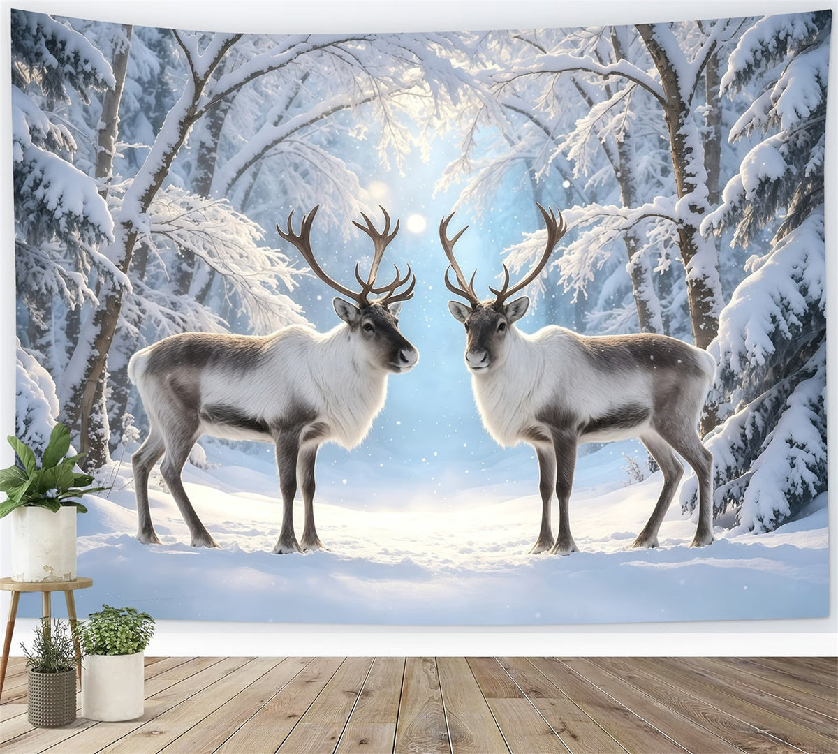 Verschneite Weihnachtskulisse Rentier-Winterwaldpfad Weihnachtsfotohintergrund GQ68-117