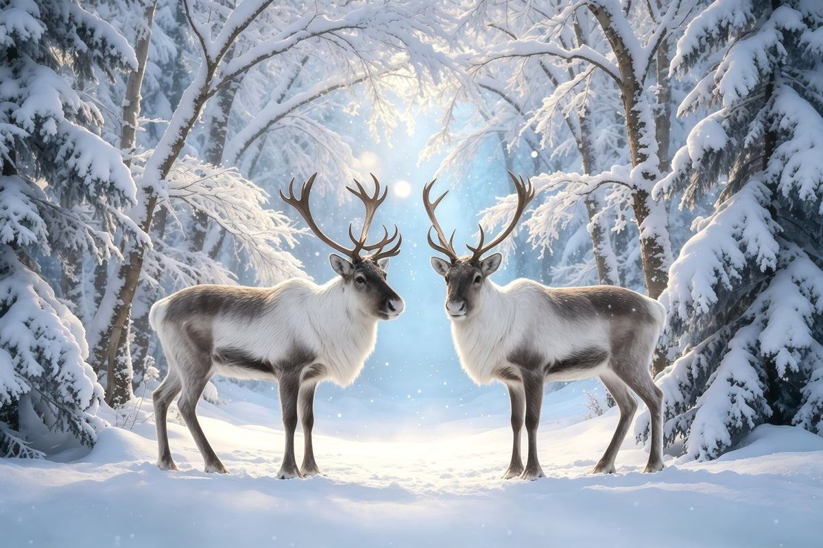 Verschneite Weihnachtskulisse Rentier-Winterwaldpfad Weihnachtsfotohintergrund GQ68-117