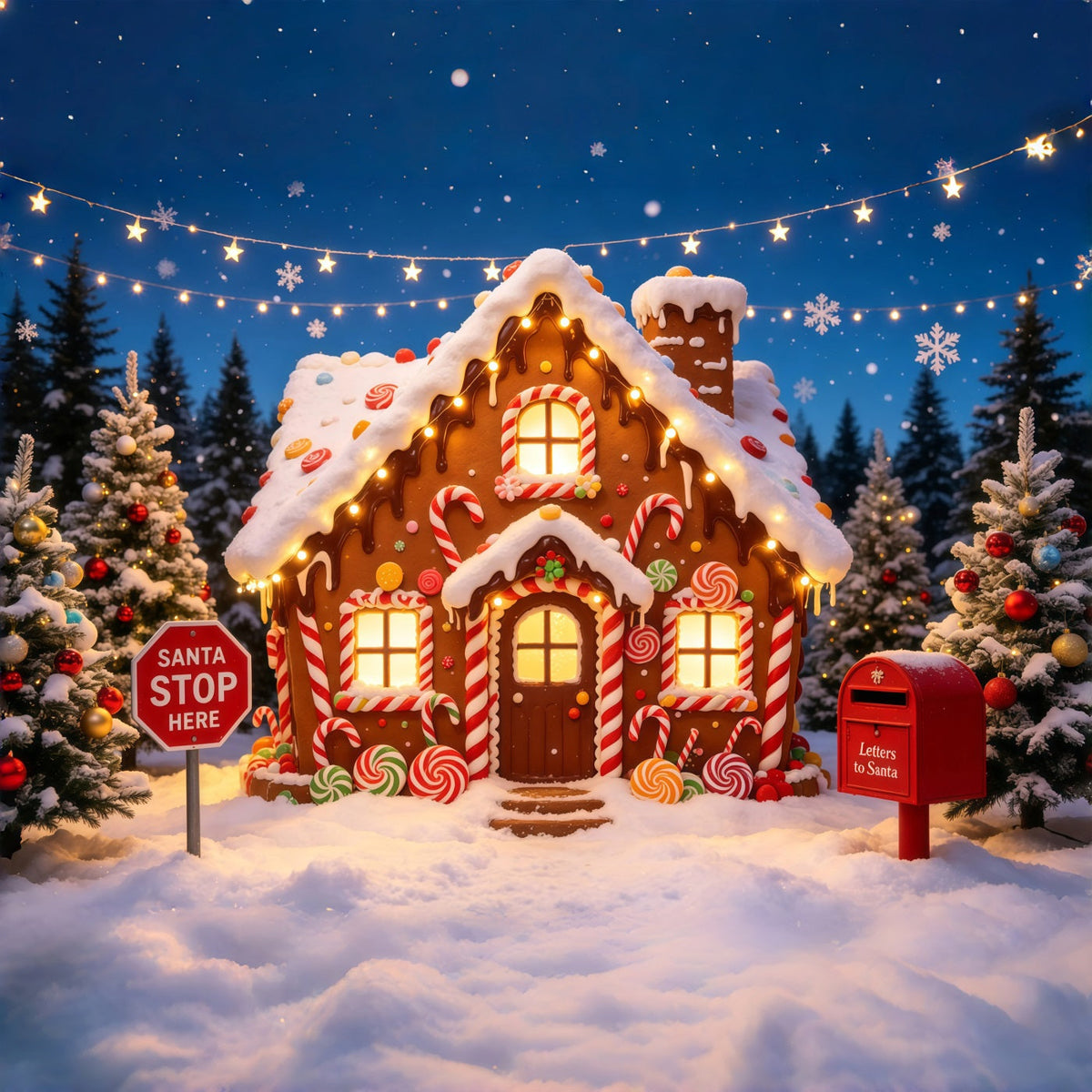 Lebkuchen-Weihnachtskulisse Candy Cottage Schneewald Weihnachts-Fotohintergründe GQ68-118