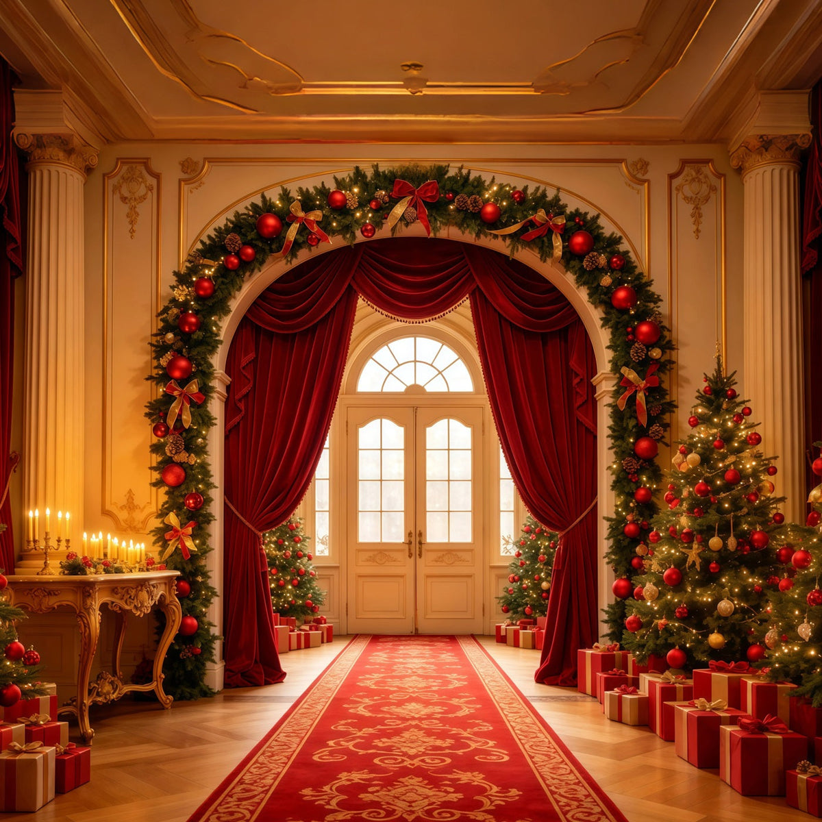 Weihnachts-Wohnzimmer-Hintergrund Großer Roter Vorhangbogen Weihnachts-Fotografie-Hintergrund GQ68-120