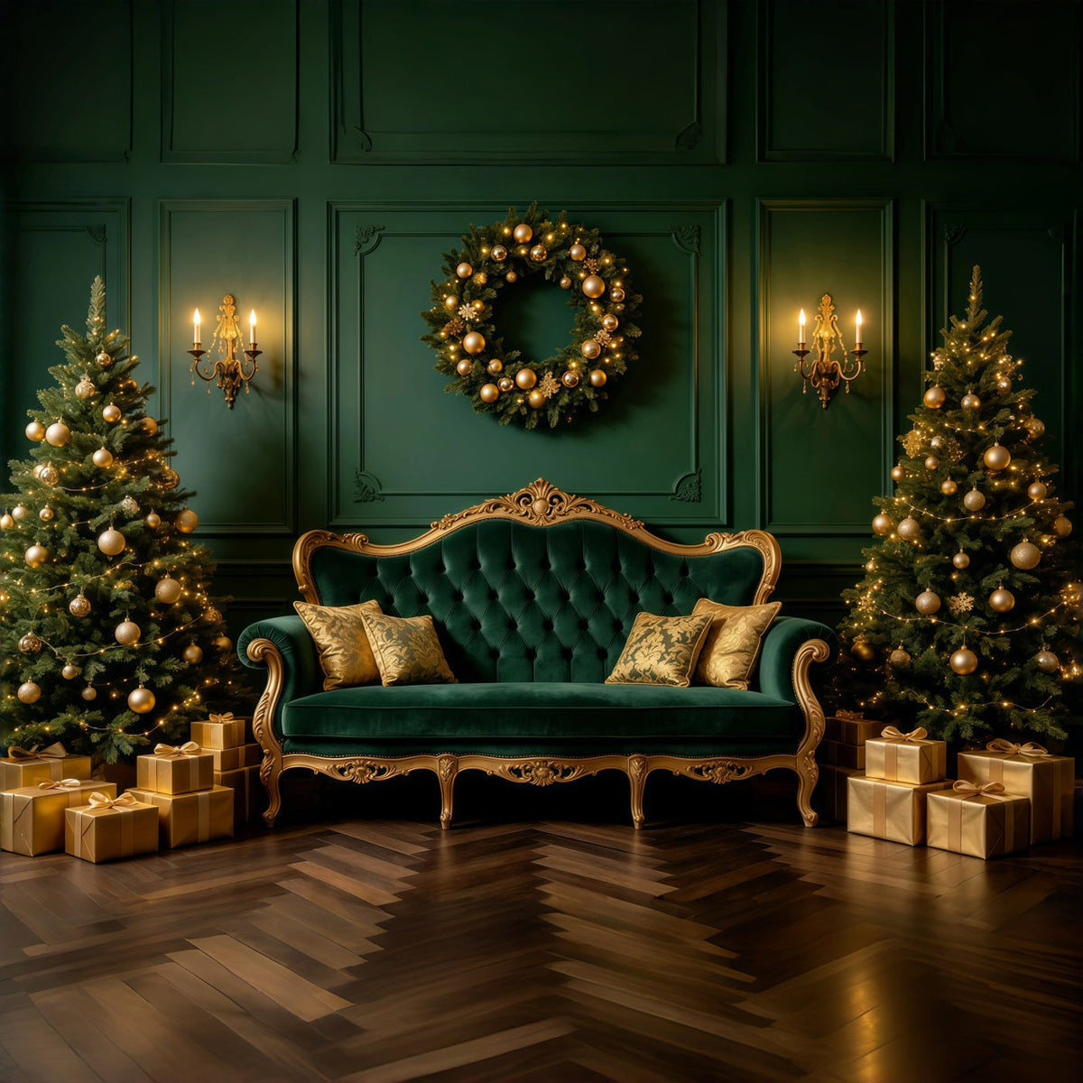 Grüne Weihnachtskulisse Smaragdgrünes Samtsofa Professionelle Weihnachtskulissen GQ68-121