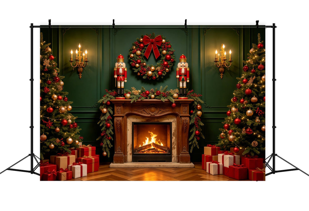 Weihnachtskamin-Hintergründe Grüner Retro-Wandnussknacker Weihnachts-Fotografie-Hintergründe GQ68-122