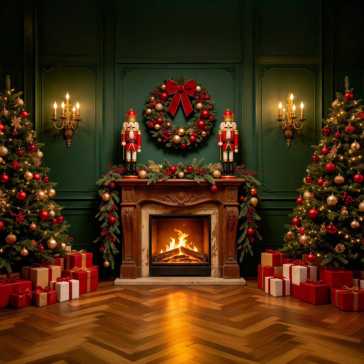 Weihnachtskamin-Hintergründe Grüner Retro-Wandnussknacker Weihnachts-Fotografie-Hintergründe GQ68-122