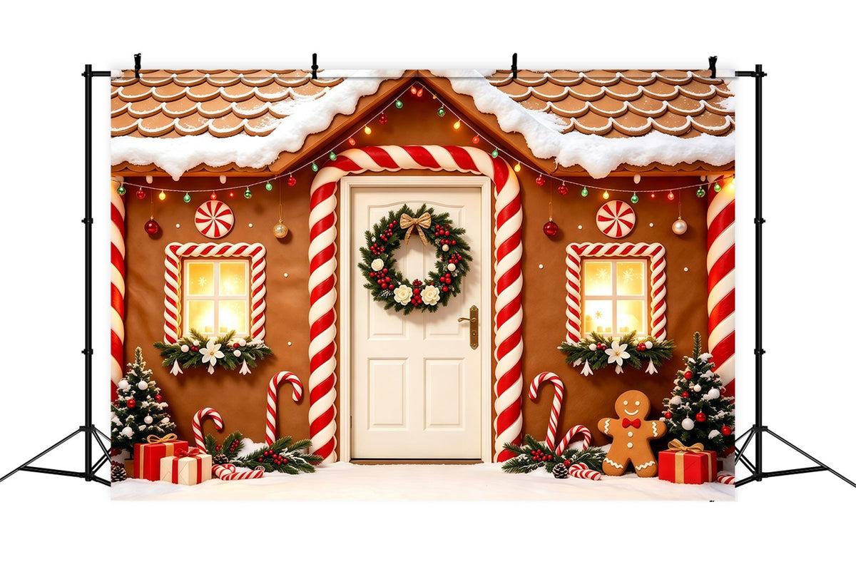 Weihnachts-Lebkuchen-Hintergrund Tür Zum Schneebedeckten Süßigkeitenhaus Weihnachtsfotohintergrund GQ68-123