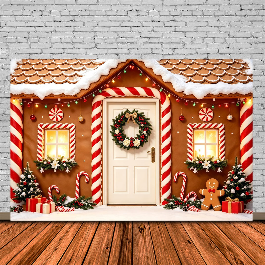 Weihnachts-Lebkuchen-Hintergrund Tür Zum Schneebedeckten Süßigkeitenhaus Weihnachtsfotohintergrund GQ68-123