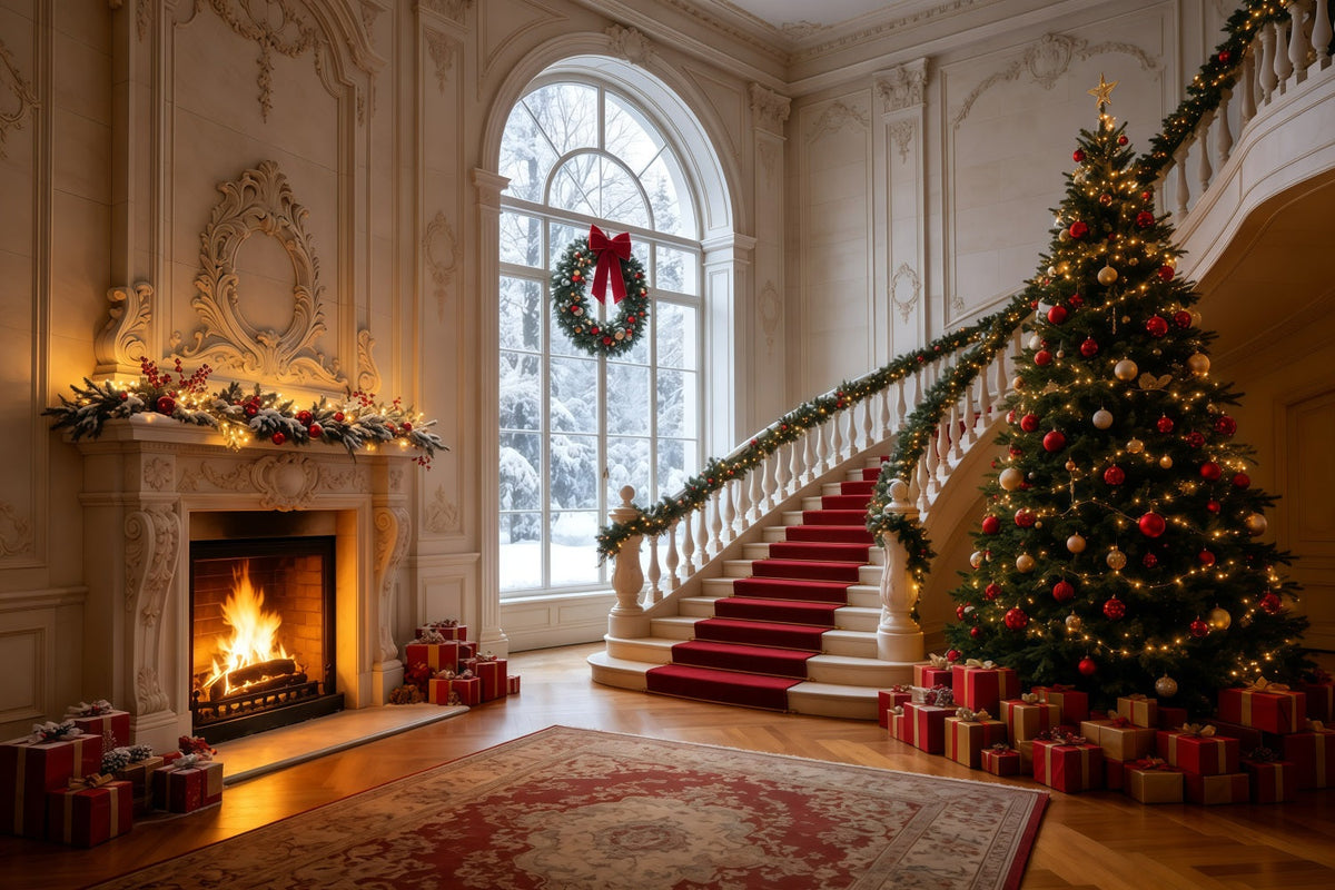 Weihnachtskulisse Elegante Treppenhalle Weihnachts-Fotohintergründe GQ68-126