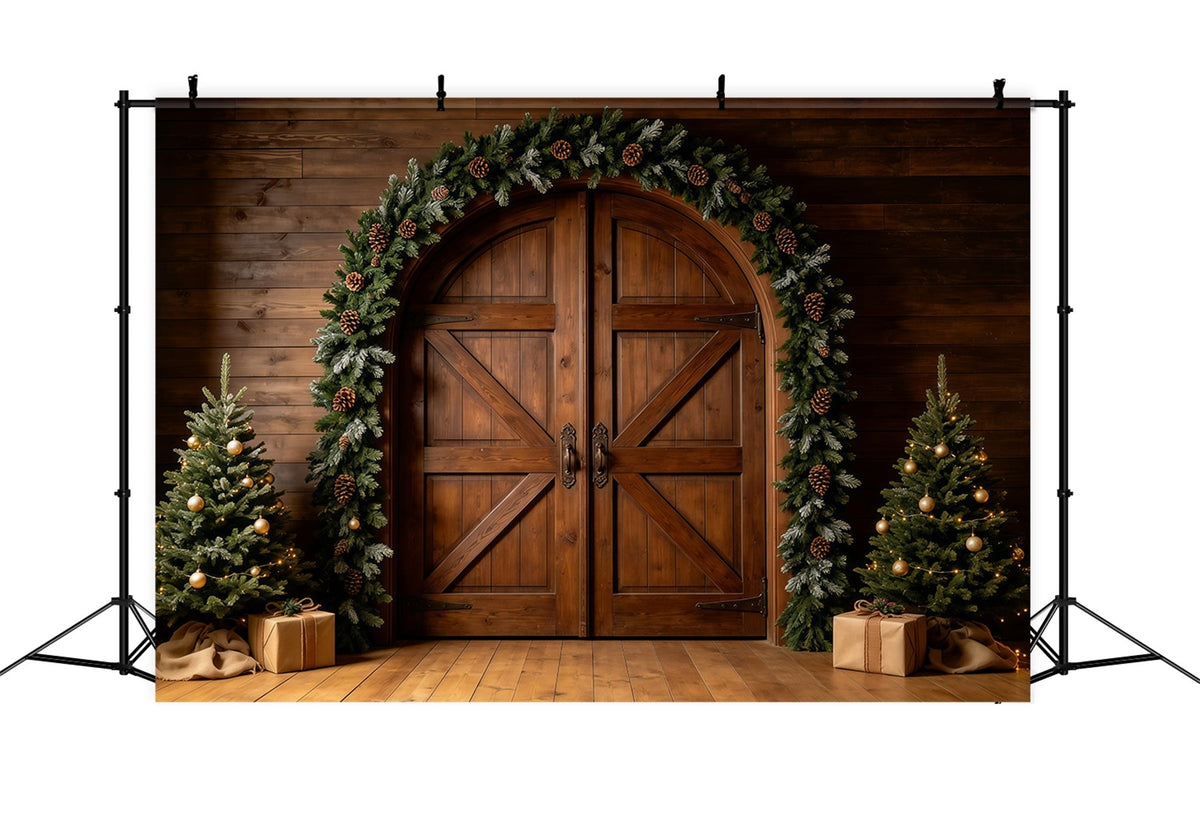 Weihnachts-Scheunentor-Hintergrund Rustikale Türgirlande Aus Holz Große Weihnachtskulisse GQ68-127
