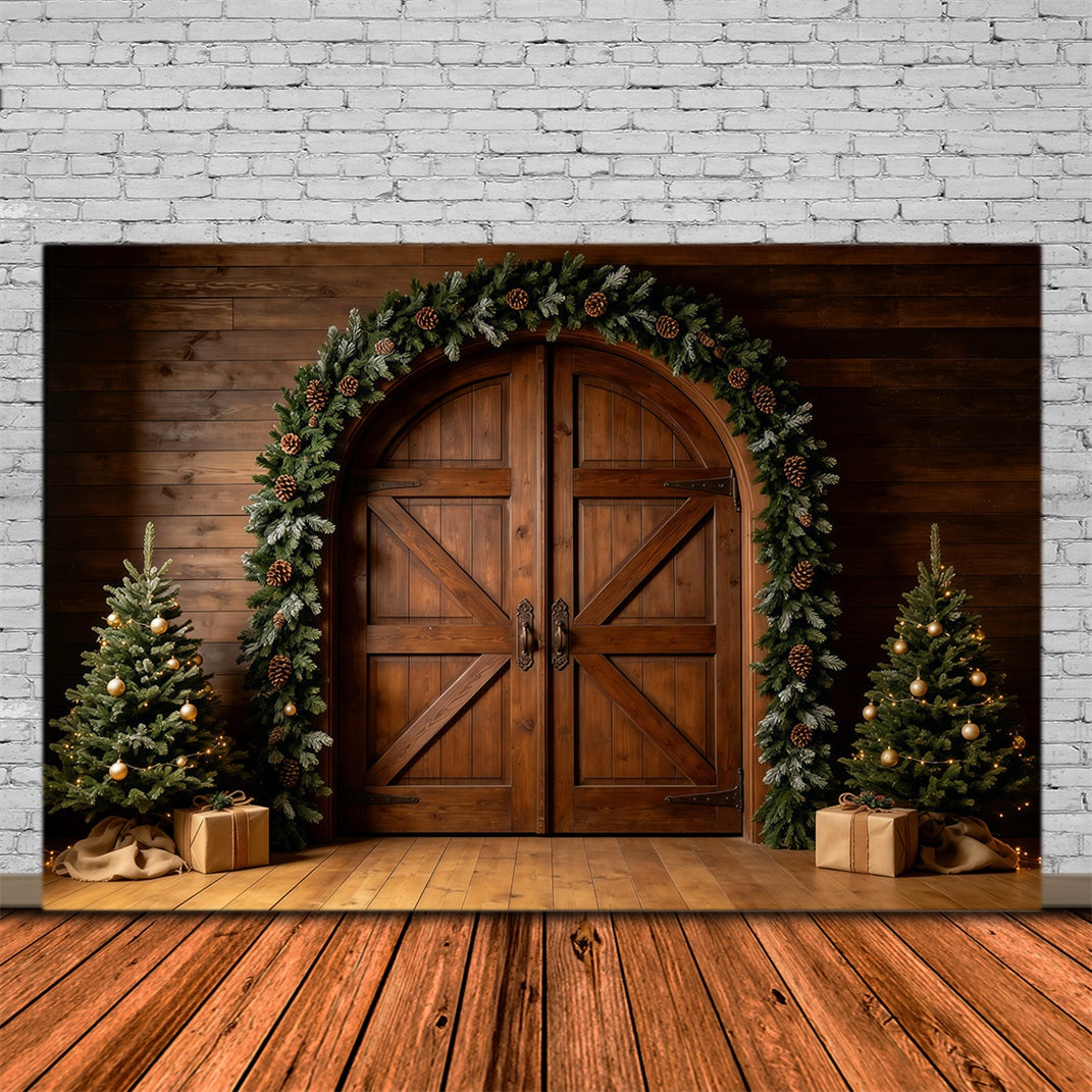 Weihnachts-Scheunentor-Hintergrund Rustikale Türgirlande Aus Holz Große Weihnachtskulisse GQ68-127