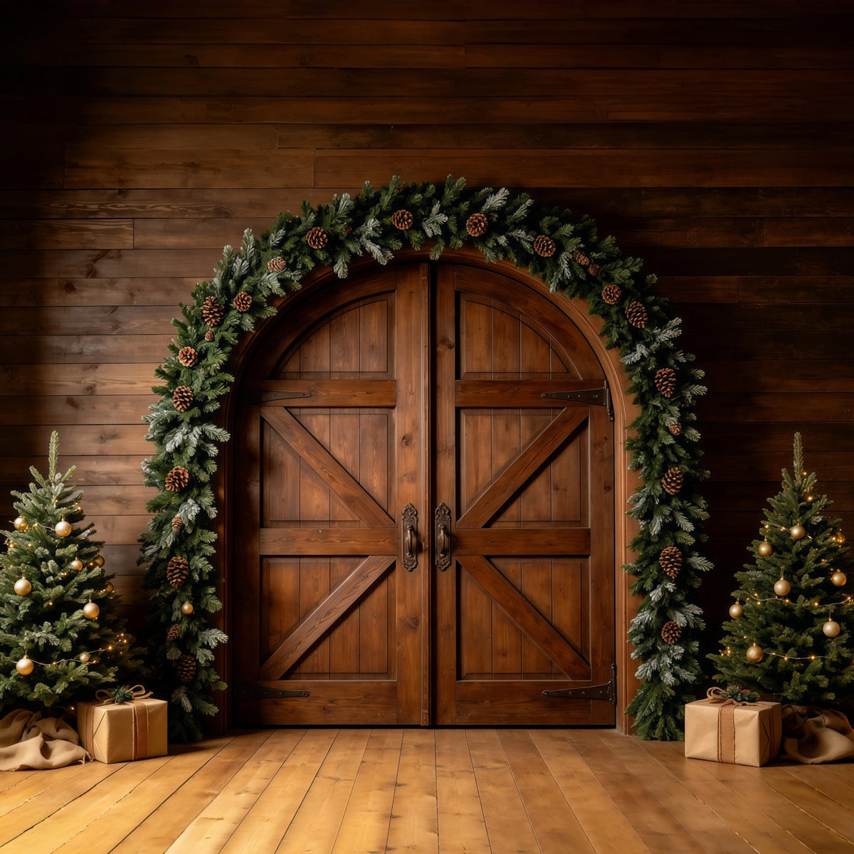 Weihnachts-Scheunentor-Hintergrund Rustikale Türgirlande Aus Holz Große Weihnachtskulisse GQ68-127