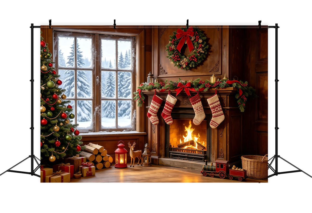 Weihnachtsmotiv-Hintergründe Gemütlicher Kamin, Strümpfe, Fenster Weihnachtshintergründe GQ68-128