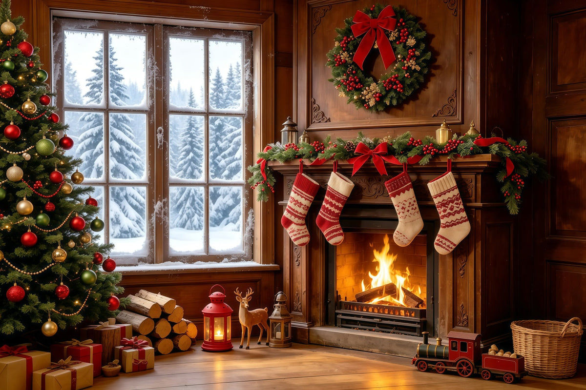 Weihnachtsmotiv-Hintergründe Gemütlicher Kamin, Strümpfe, Fenster Weihnachtshintergründe GQ68-128