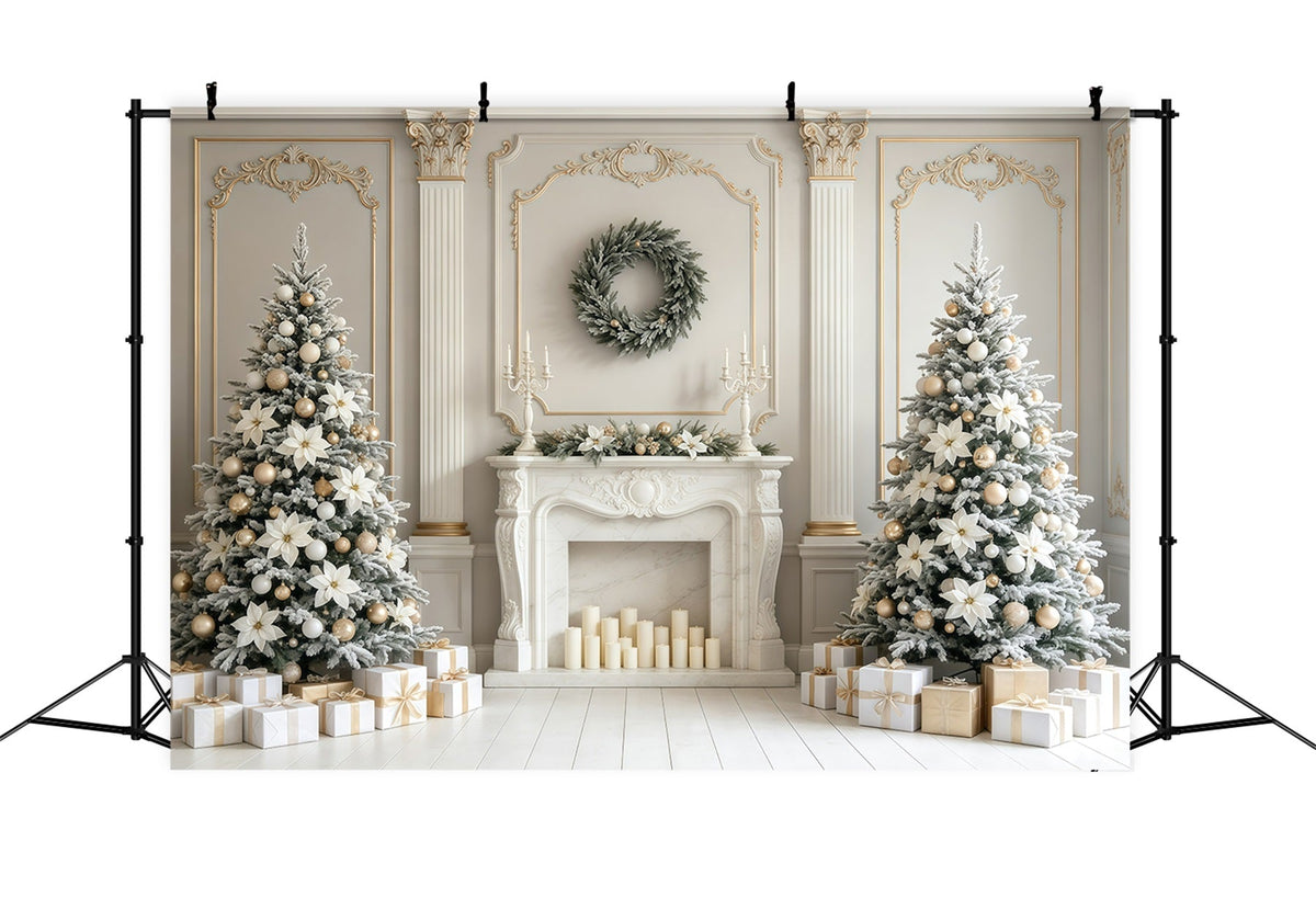 Weihnachtskamin-Hintergrund Eleganter Kaminsims Mit Weißen Blumen Weihnachtshintergrund Für Fotografie GQ68-129